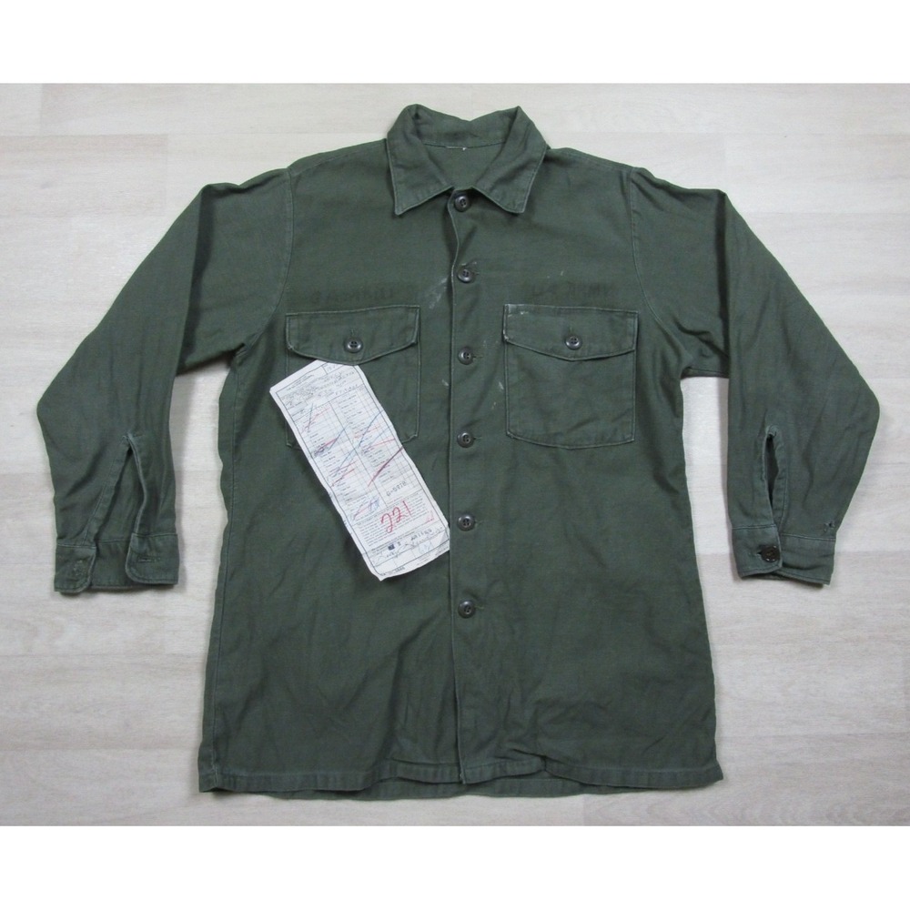 Vintage 60s US Military Fatigue Shirt (L) Type 1 Cotton Vietnam Era Laundry List